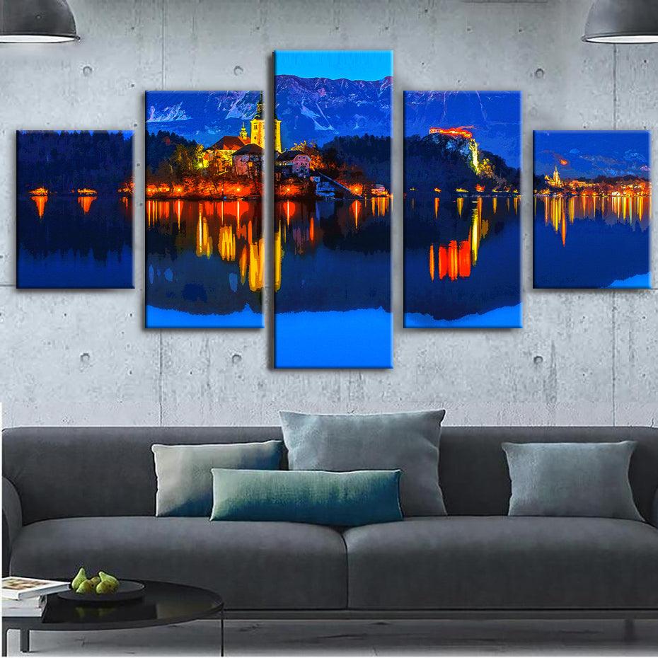 Lake Bled Slovania 5 Piece HD Multi Panel Canvas Wall Art Frame - Original Frame