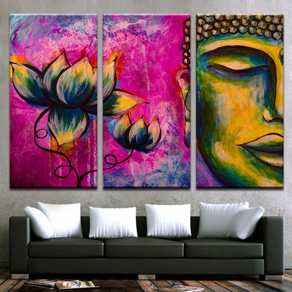 Buddha And Lotus 3 Piece HD Multi Panel Canvas Wall Art Frame - Original Frame