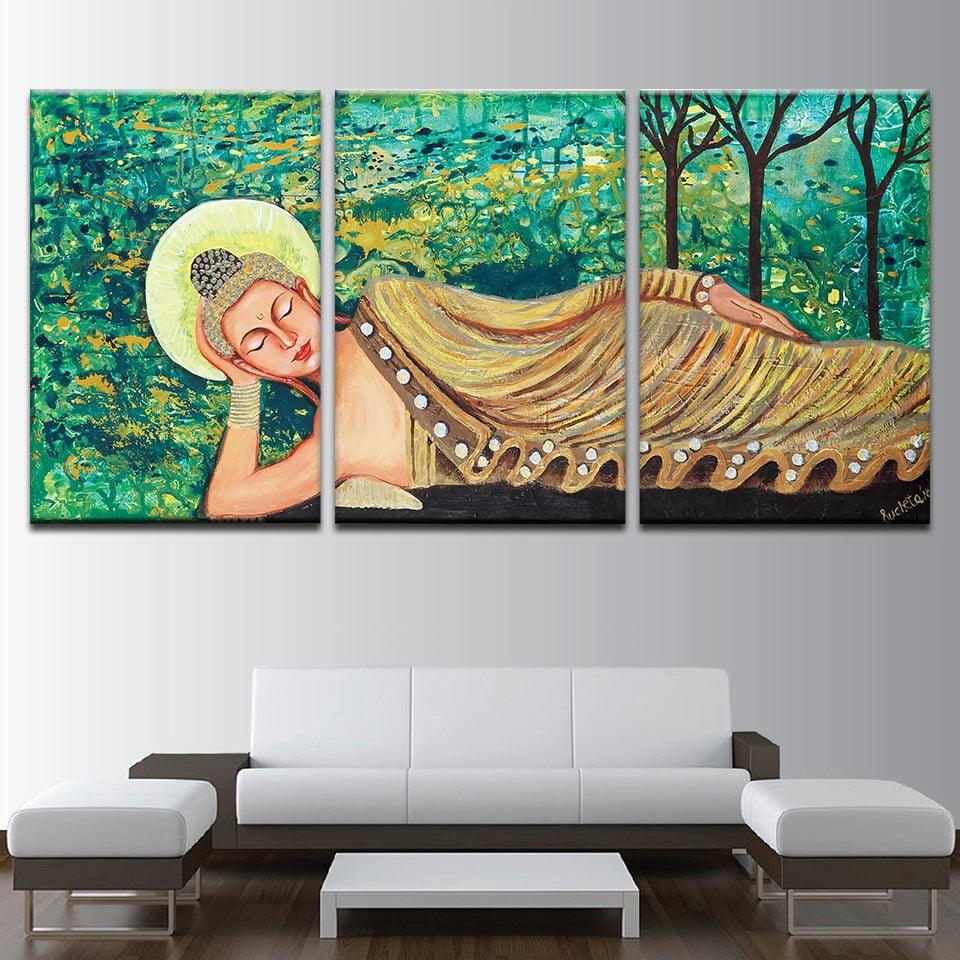 Sleeping Buddha Painting 3 Piece HD Multi Panel Canvas Wall Art Frame - Original Frame