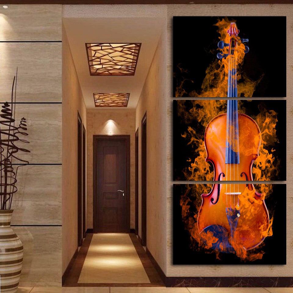 Burning Violin 3 Piece HD Multi Panel Canvas Wall Art Frame - Original Frame