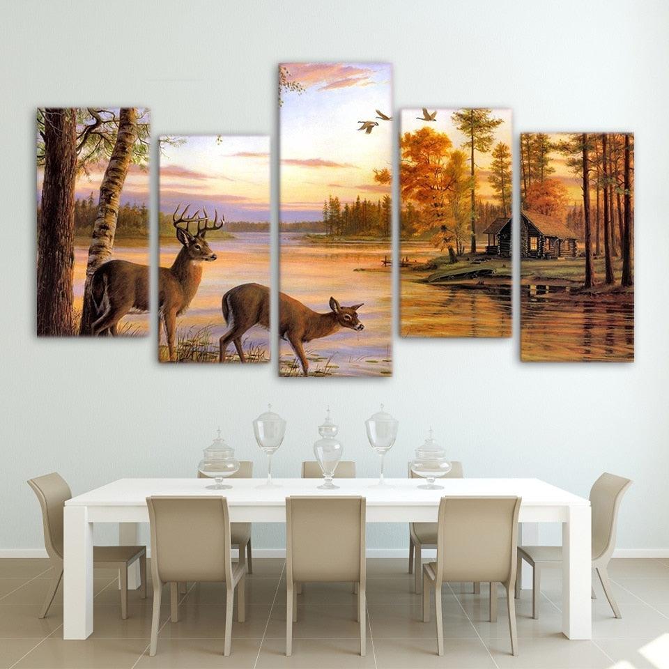 Deer in Forest 5 Piece HD Multi Panel Canvas Wall Art Frame - Original Frame
