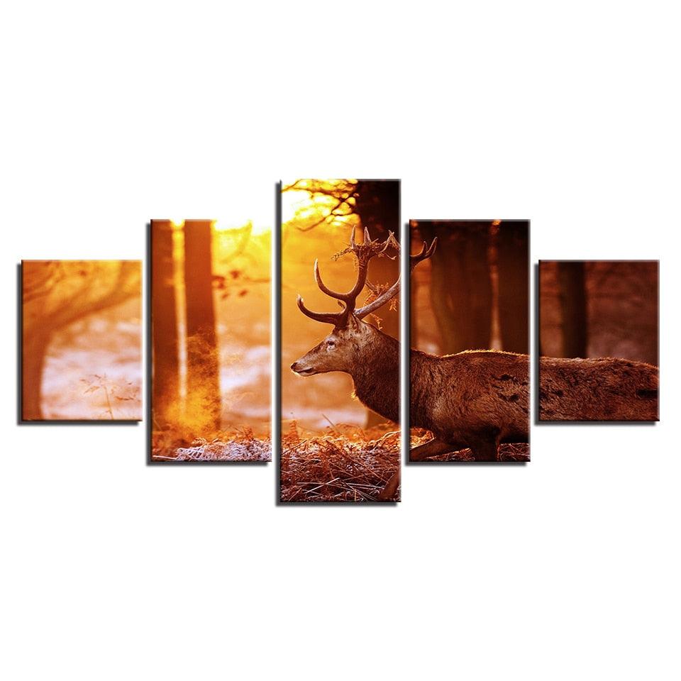 Sunshine Forest In Winter Deer 5 Piece HD Multi Panel Canvas Wall Art Frame - Original Frame