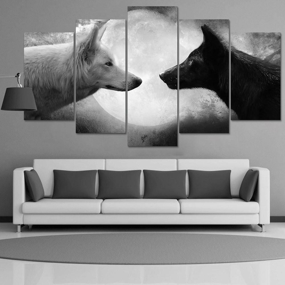 Wolves Black & White 5 Piece HD Multi Panel Canvas Wall Art Frame - Original Frame