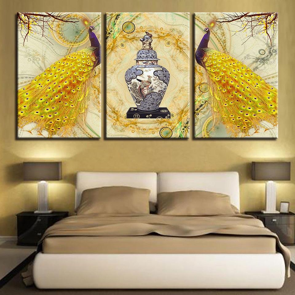 Golden Peacock Paintings 3 Piece HD Multi Panel Canvas Wall Art Frame - Original Frame