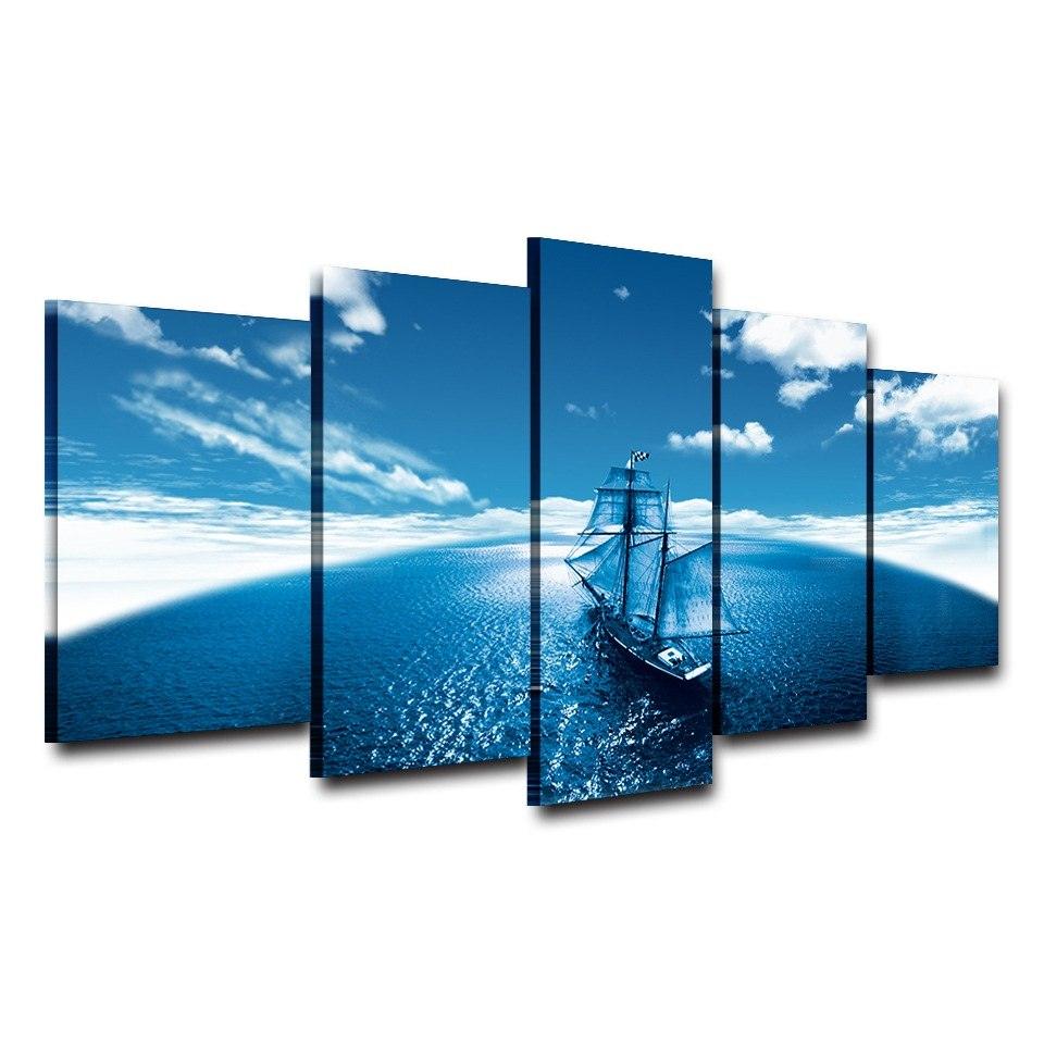 Sailboat Blue Seascape Abstract 5 Piece HD Multi Panel Canvas Wall Art Frame - Original Frame