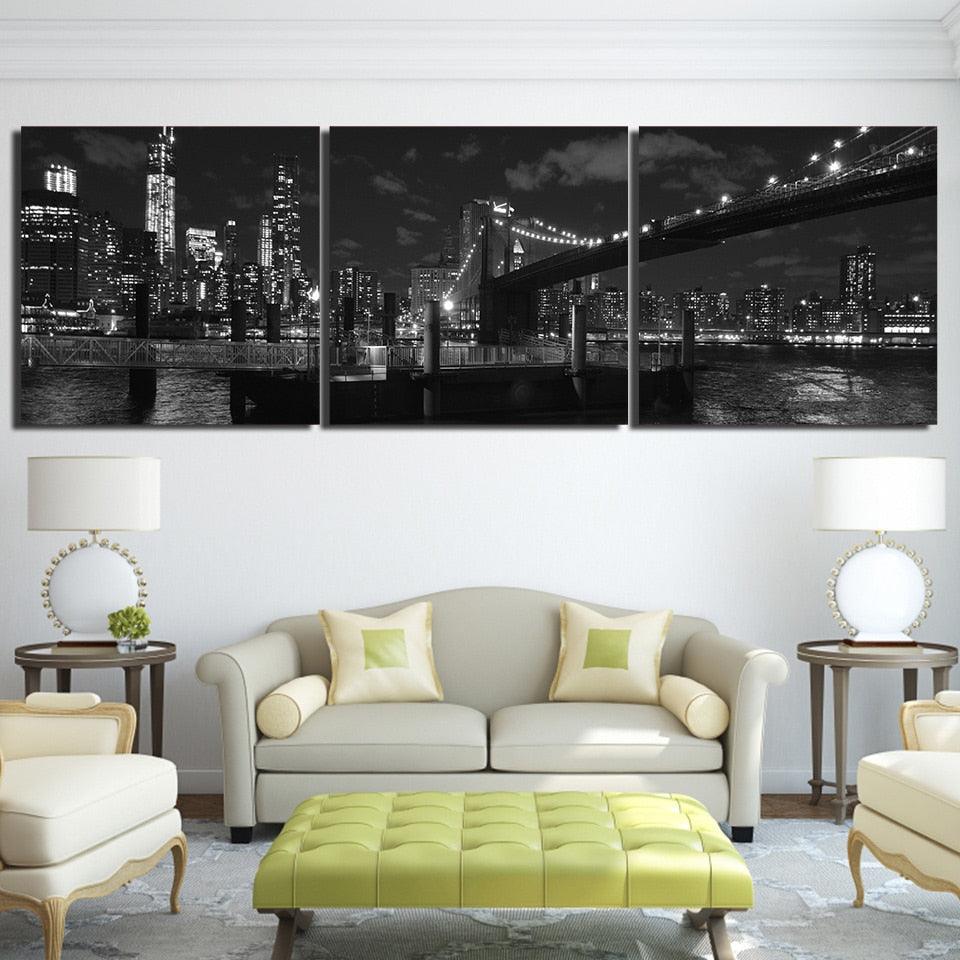 Brooklyn Bridge 3 Piece HD Multi Panel Canvas Wall Art Frame - Original Frame