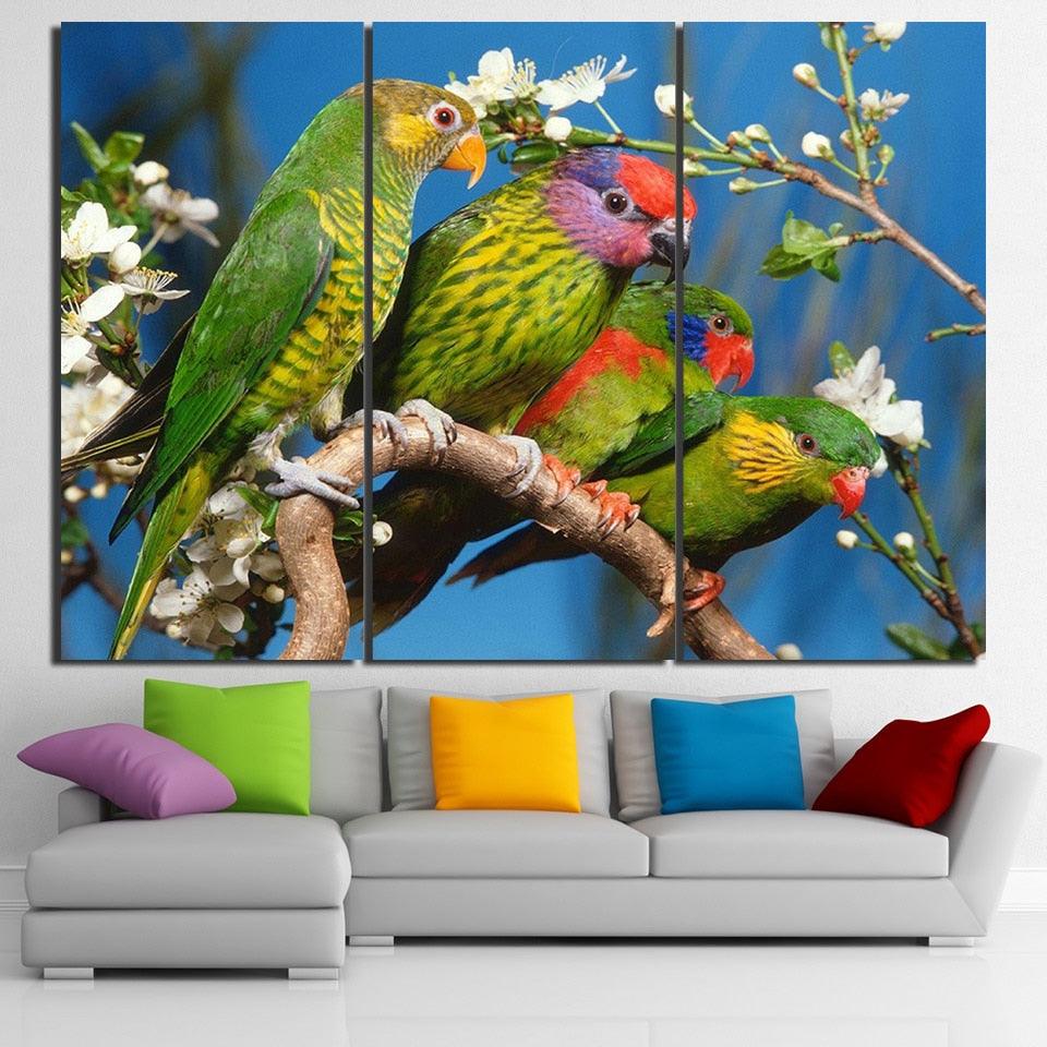 Four Parrots 3 Piece HD Multi Panel Canvas Wall Art Frame - Original Frame