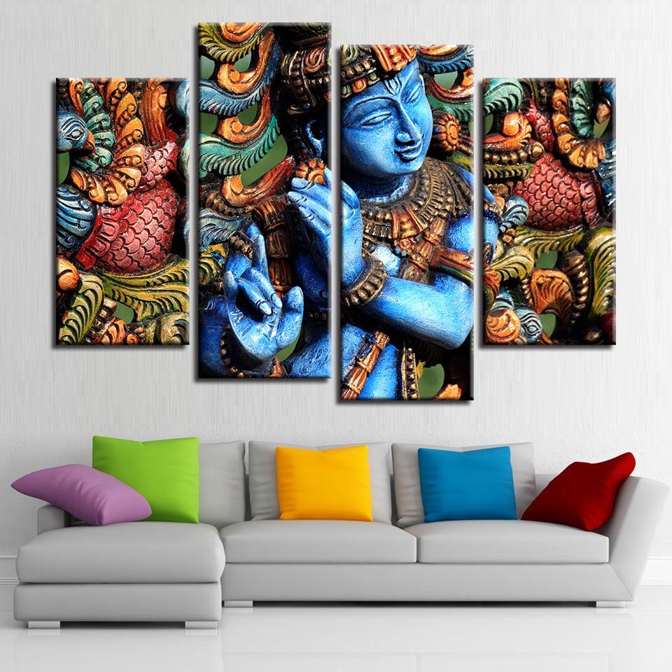 Lord Krishna 4 Piece HD Multi Panel Canvas Wall Art Frame - Original Frame
