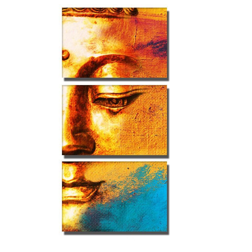 Buddha Face Print in Yellow 3 Piece HD Multi Panel Canvas Wall Art Frame - Original Frame
