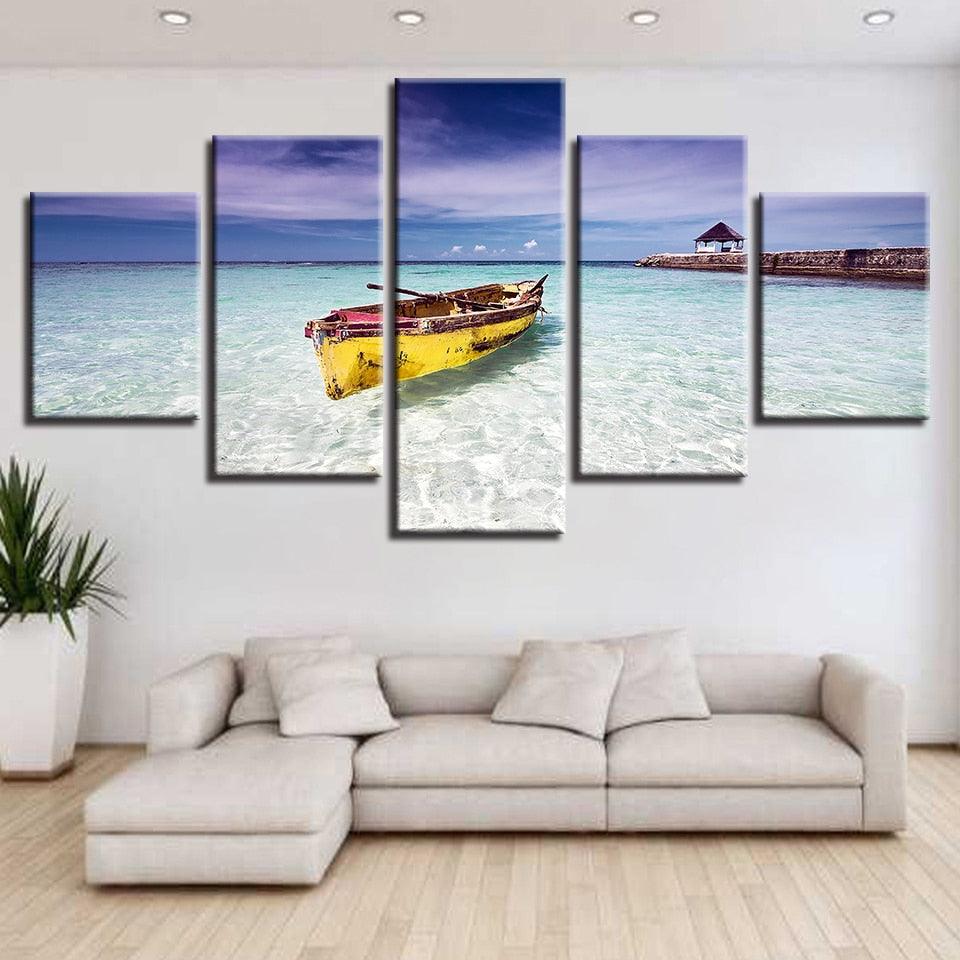 Beach Ocean And Boat 5 Piece Hd Multi Panel Canvas Wall Art Frame 