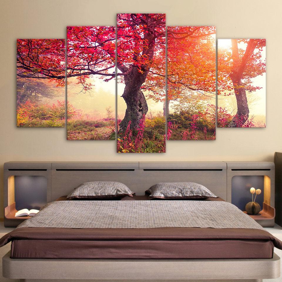 Red Tree Bloom 5 Piece HD Multi Panel Canvas Wall Art Frame - Original Frame