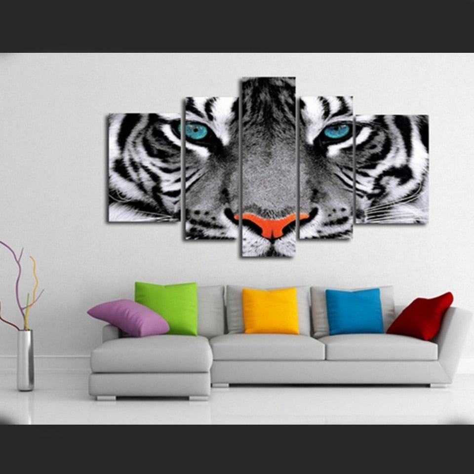 White Tiger Eyes 5 Piece HD Multi Panel Canvas Wall Art Frame - Original Frame