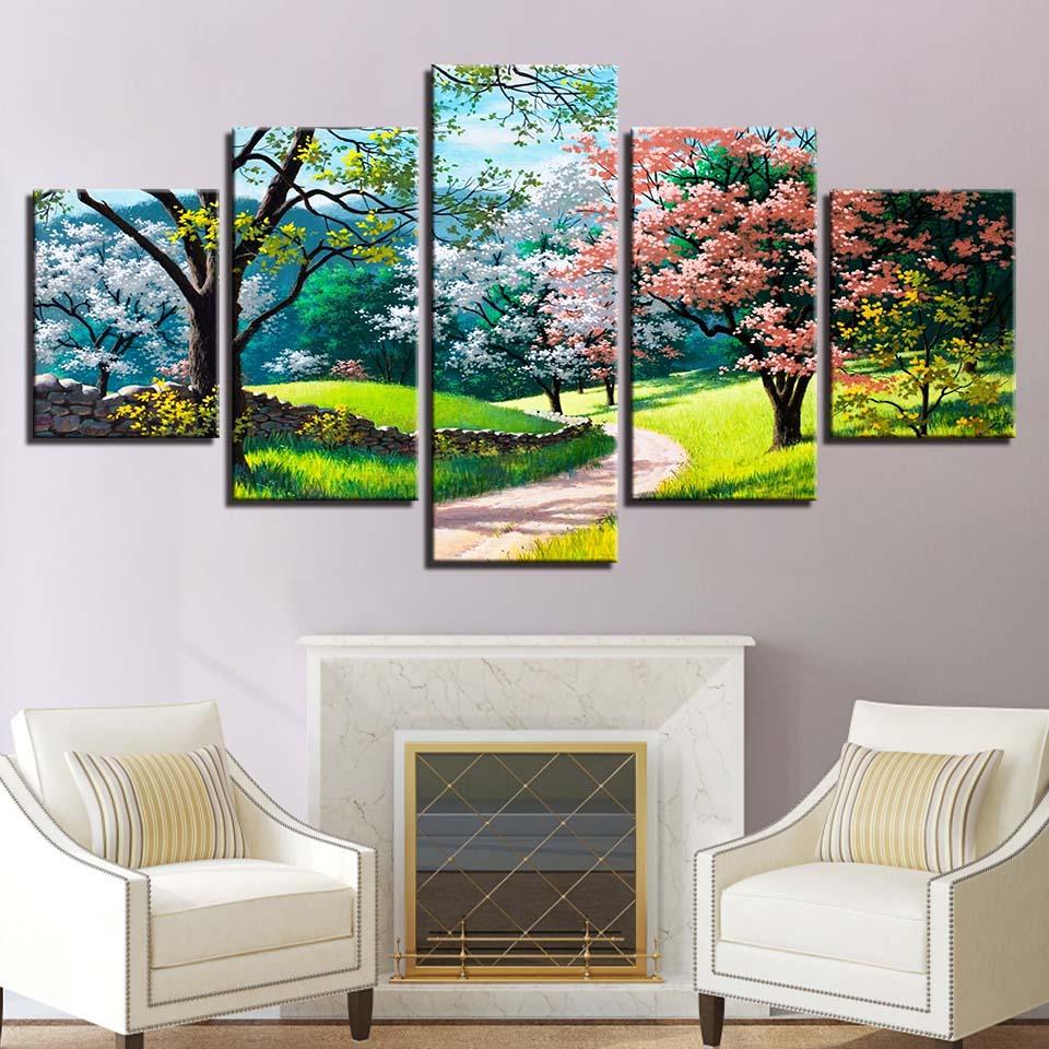 Flower Tree Spring 5 Piece HD Multi Panel Canvas Wall Art Frame - Original Frame