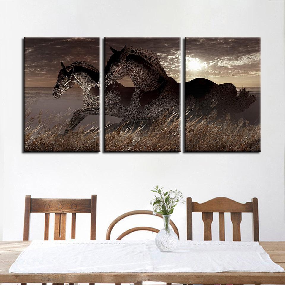 Grassland Horses 3 Piece HD Multi Panel Canvas Wall Art Frame - Original Frame