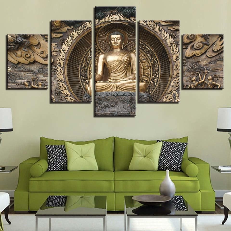 Gold Buddha 5 Piece HD Multi Panel Canvas Wall Art Frame - Original Frame