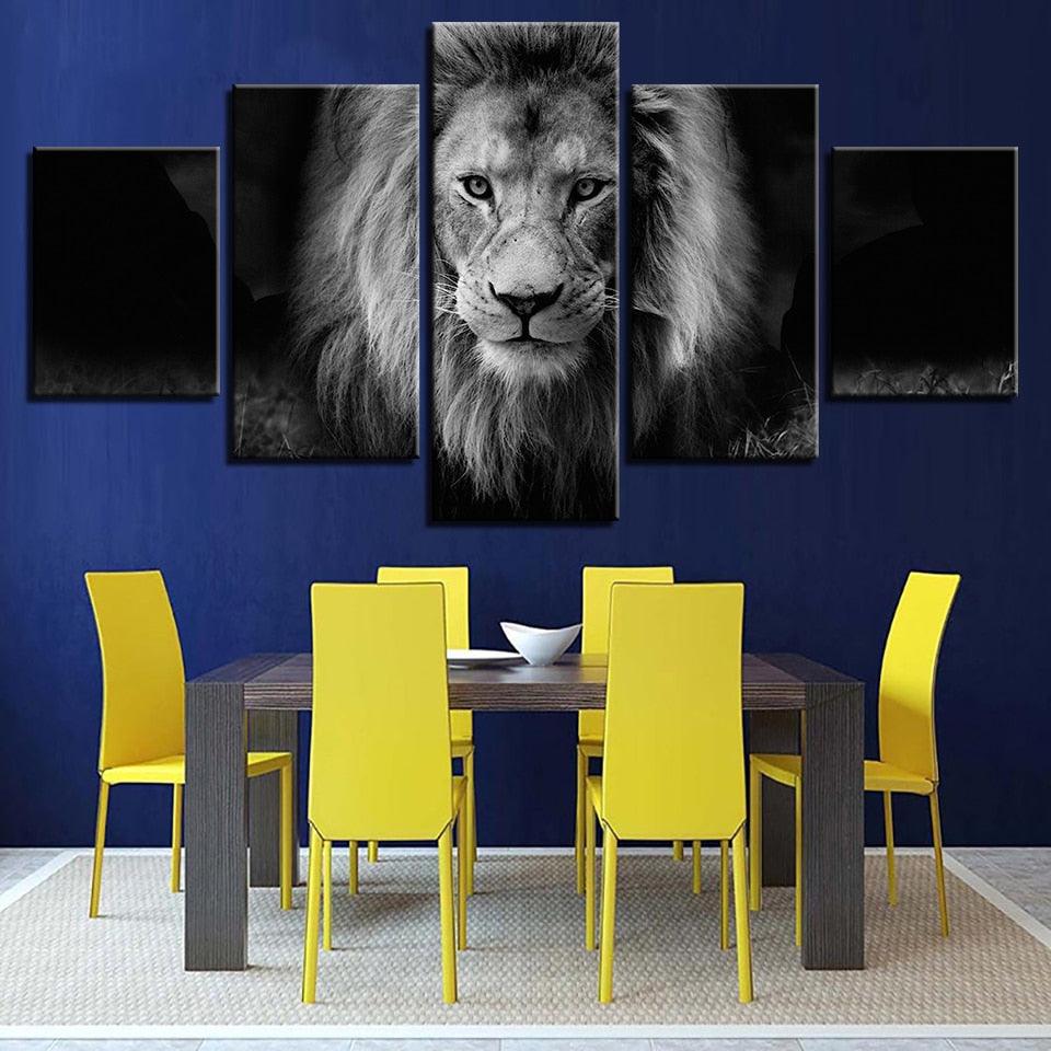 Lion Black And White 5 Piece HD Multi Panel Canvas Wall Art Frame - Original Frame