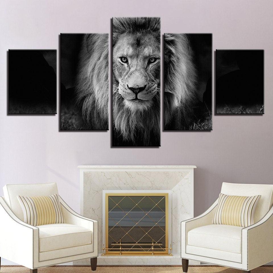 Lion Black And White 5 Piece HD Multi Panel Canvas Wall Art Frame - Original Frame