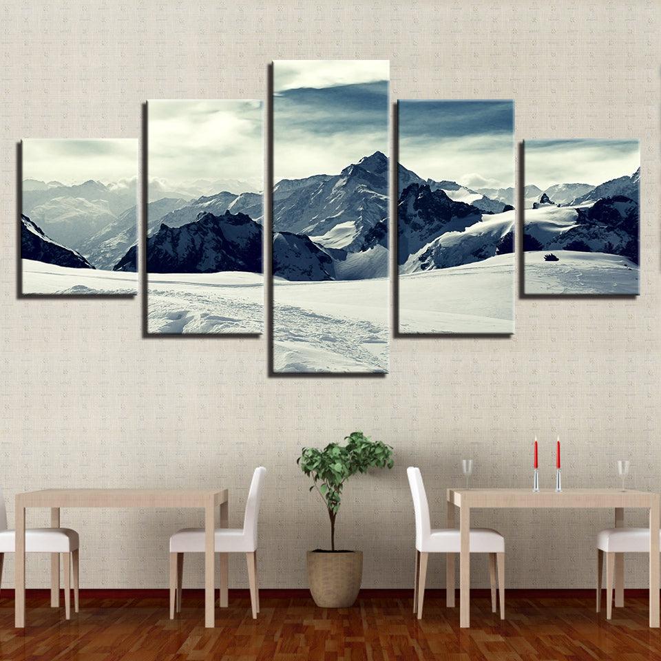 Snow Capped Mountains 5 Piece HD Multi Panel Canvas Wall Art Frame - Original Frame