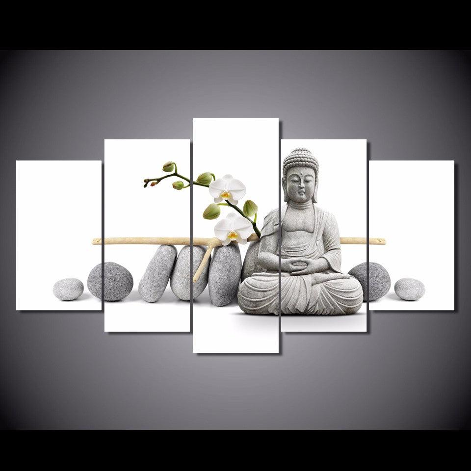 Zen Buddha with Orchids 5 Piece HD Multi Panel Canvas Wall Art Frame - Original Frame