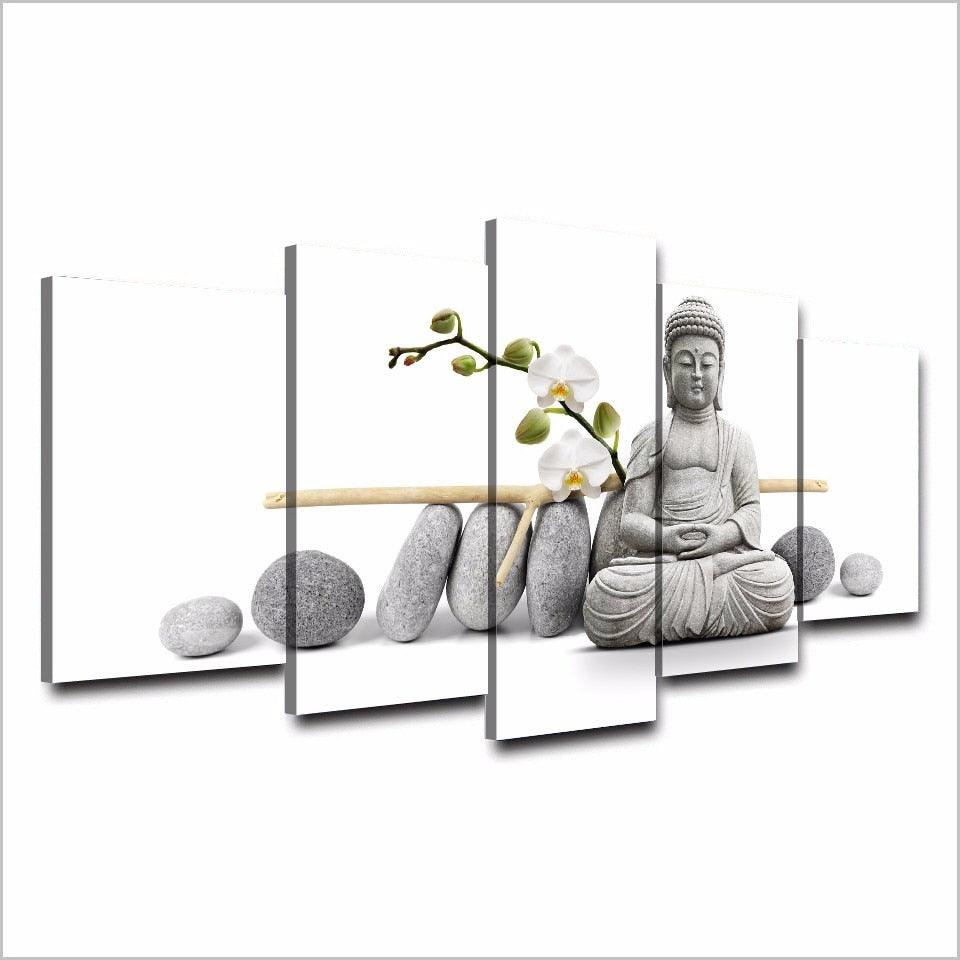 Zen Buddha with Orchids 5 Piece HD Multi Panel Canvas Wall Art Frame - Original Frame