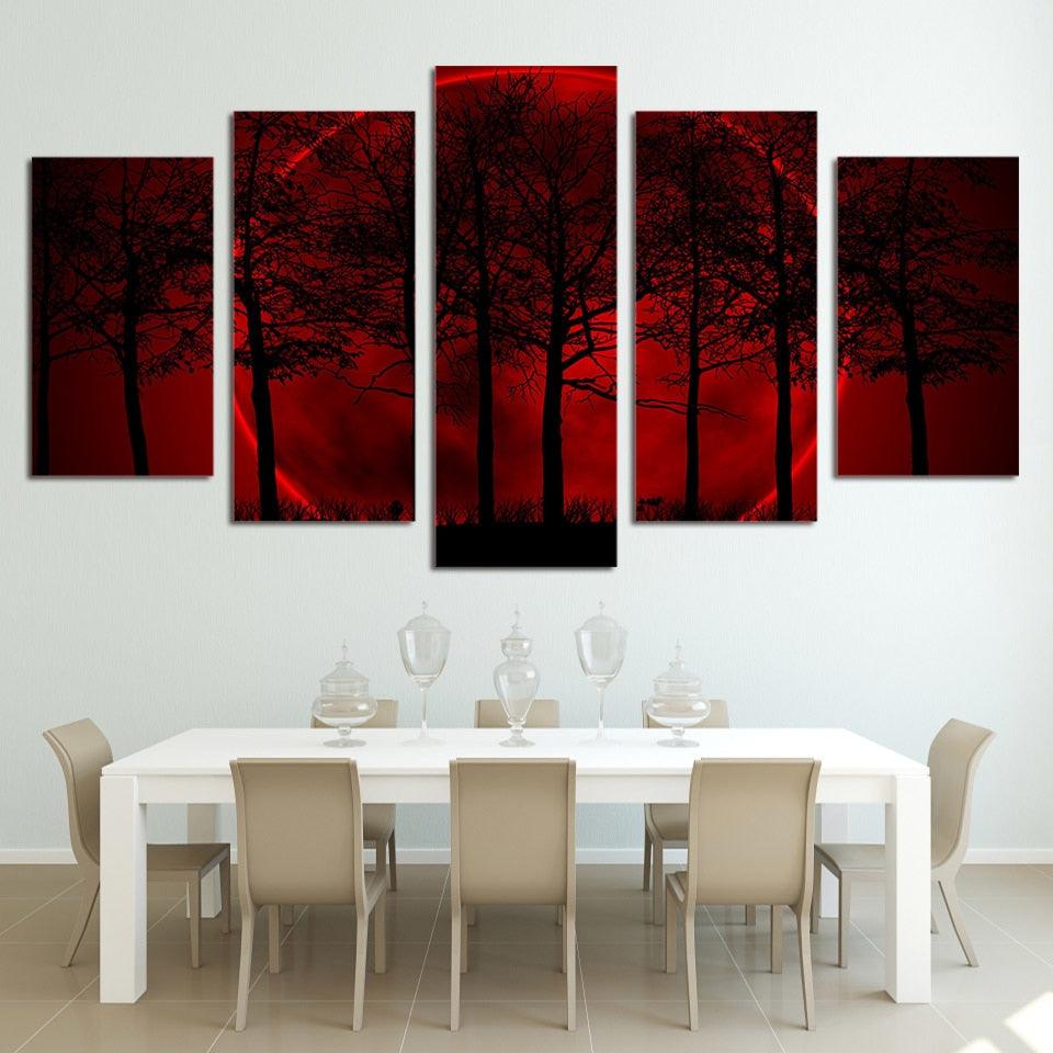 Red Moon Forest 5 Piece HD Multi Panel Canvas Wall Art Frame - Original Frame