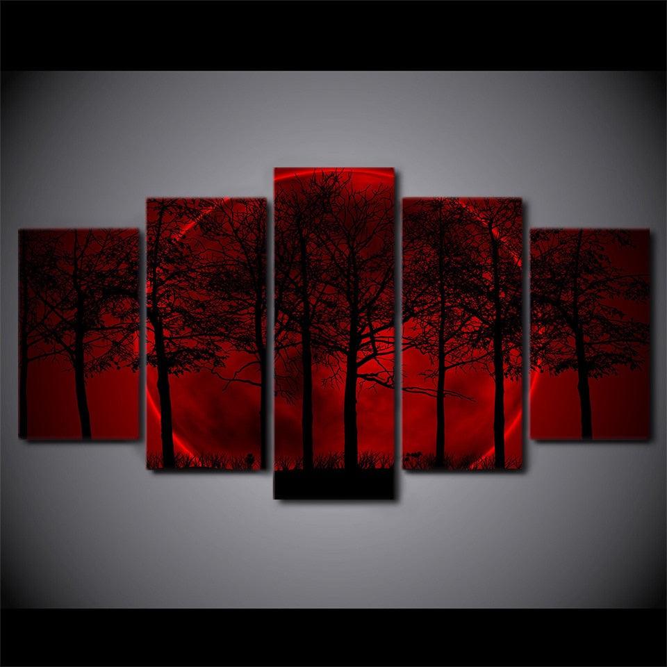 Red Moon Forest 5 Piece HD Multi Panel Canvas Wall Art Frame - Original Frame