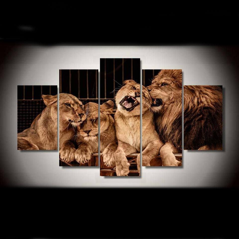 Lion Family 5 Piece HD Multi Panel Canvas Wall Art Frame - Original Frame