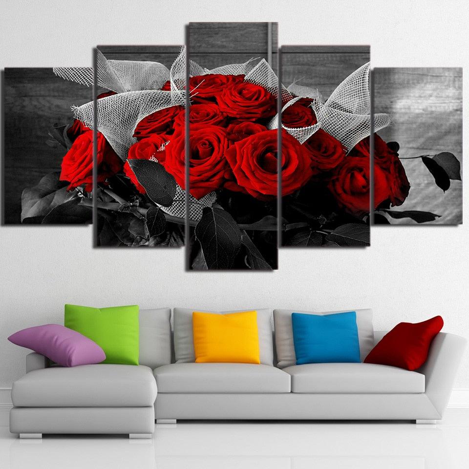 Beautiful Red Rose 5 Piece HD Multi Panel Canvas Wall Art Frame - Original Frame
