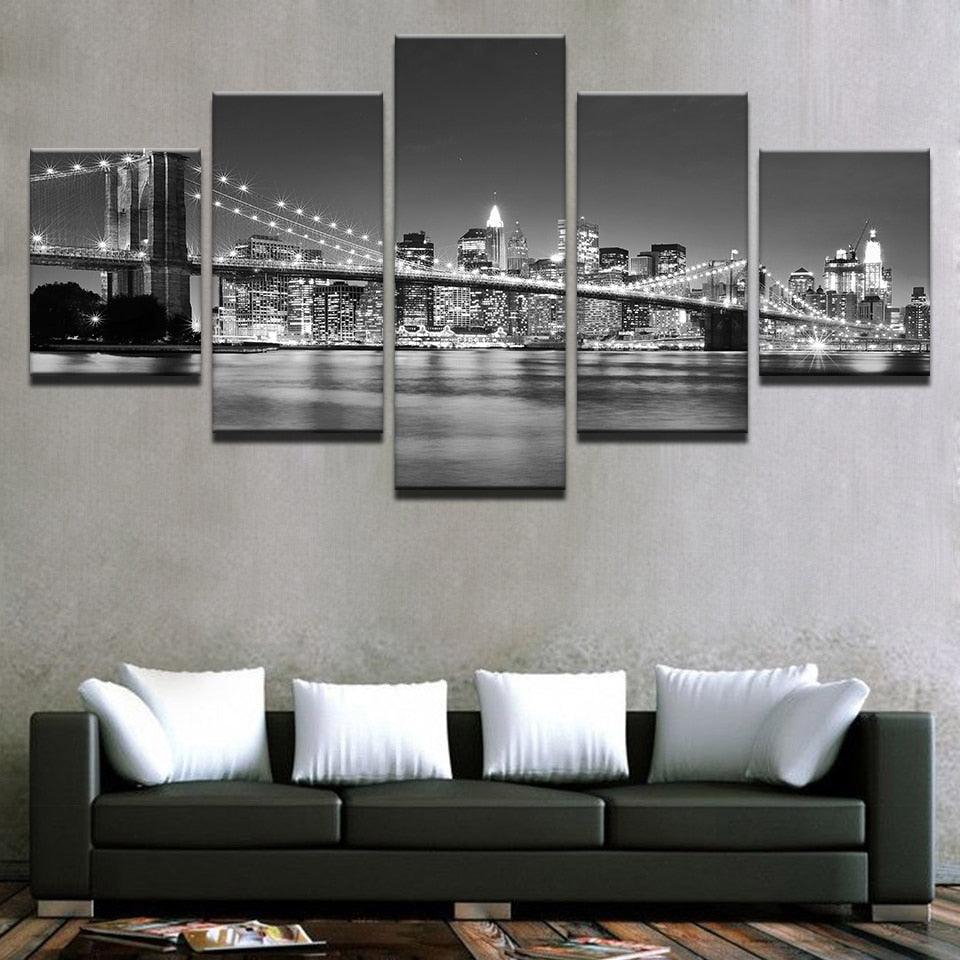 Black & White Brooklyn Bridge - 5 Piece HD Multi Panel Canvas Wall Art Frame - Original Frame