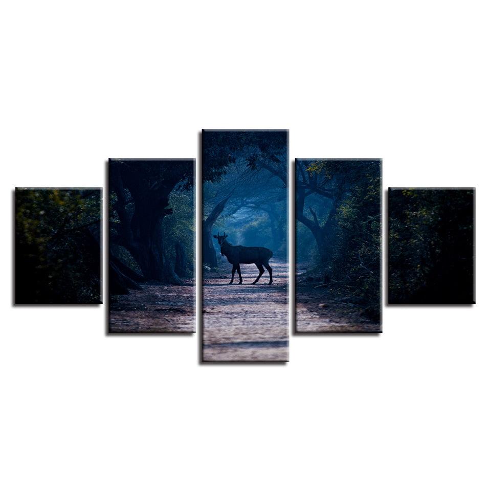 Blue Forest Animal Deer 5 Piece HD Multi Panel Canvas Wall Art Frame - Original Frame