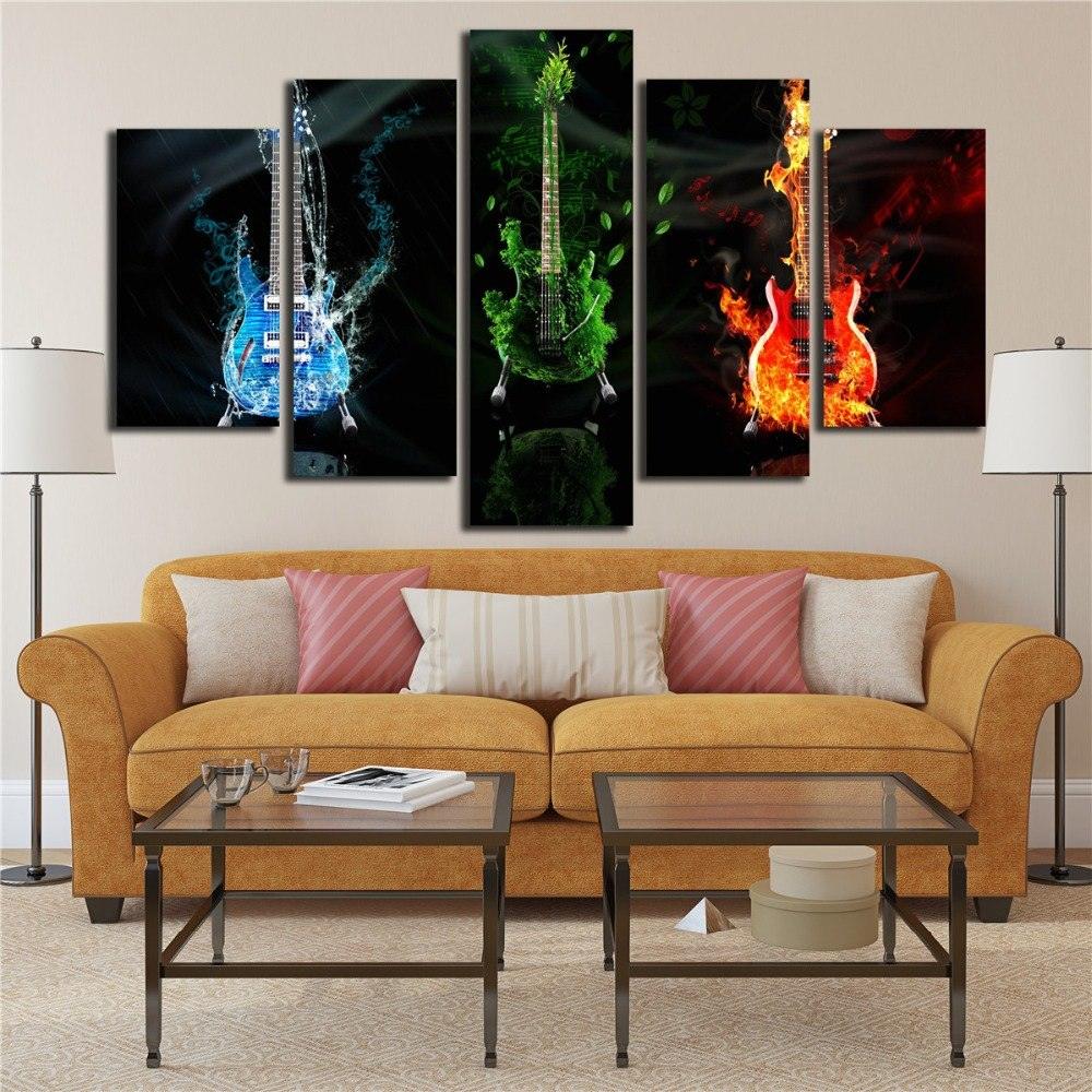 Fire Water Earth Guitars 5 Piece HD Multi Panel Canvas Wall Art Frame - Original Frame