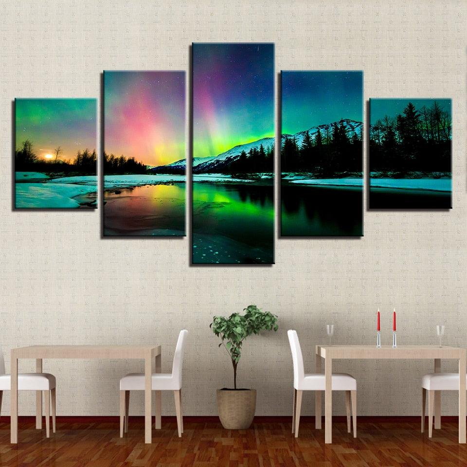 Aurora Borealis Lake 5 Piece HD Multi Panel Canvas Wall Art Frame - Original Frame
