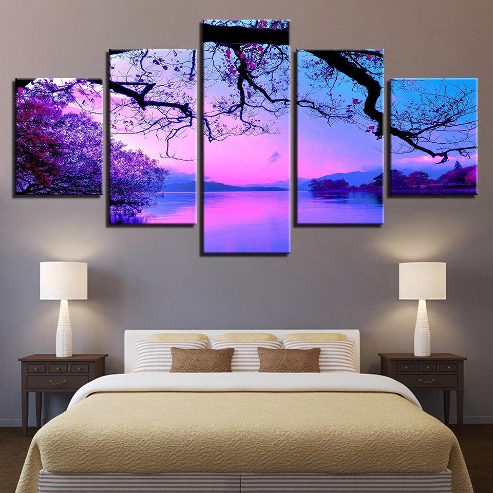 Purple Sunset Trees 5 Piece HD Multi Panel Canvas Wall Art - Original Frame