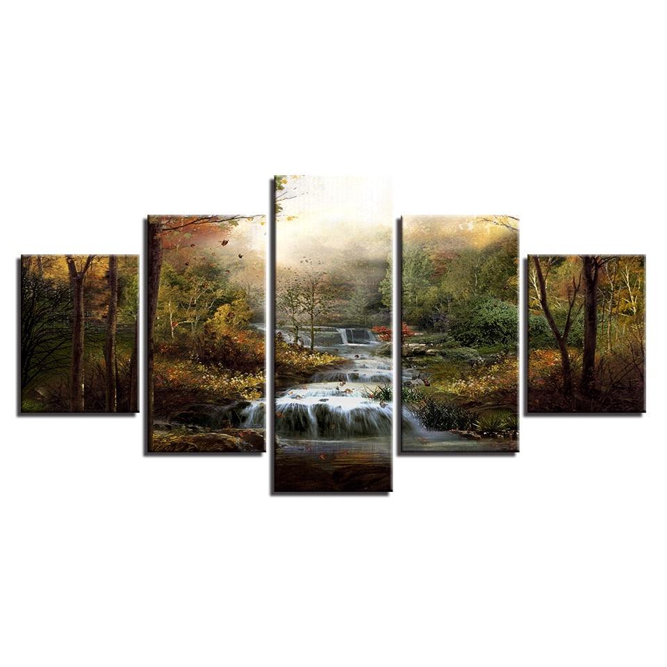 Forest Waterfalls Streams 5 Piece HD Multi Panel Canvas Wall Art Frame - Original Frame