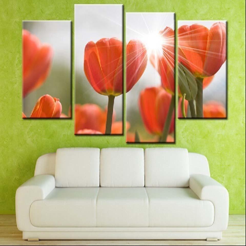 Sunlit Tulips 4 Piece HD Multi Panel Canvas Wall Art Frame - Original Frame