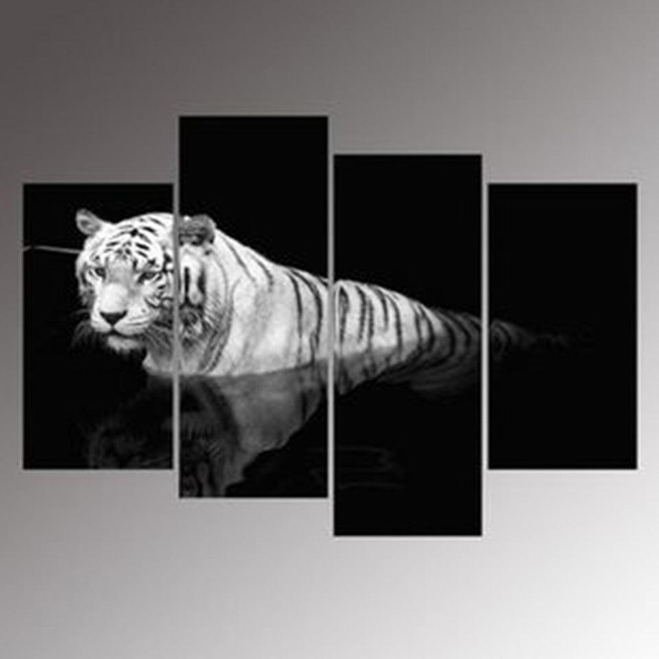 White Tiger in River 4 Piece HD Multi Panel Canvas Wall Art Frame - Original Frame