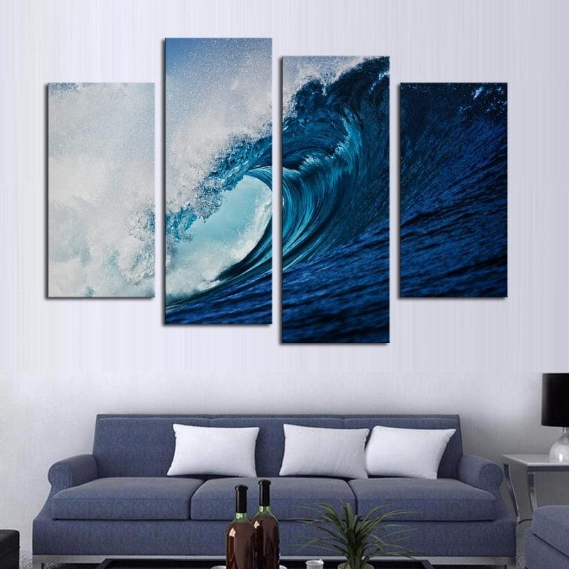Blue Sea Waves 4 Piece HD Multi Panel Canvas Wall Art Frame - Original Frame