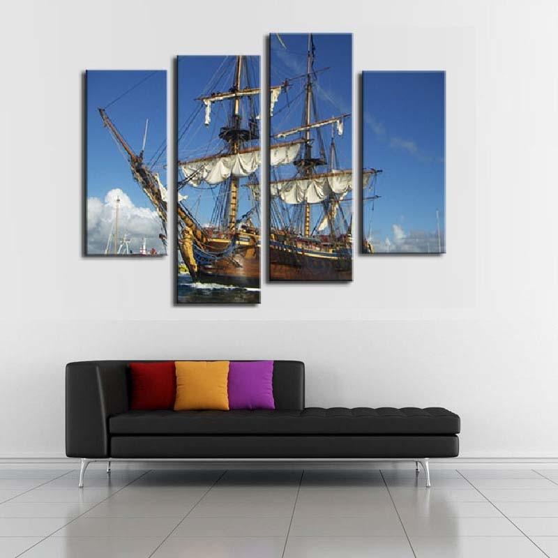 Set Sailboat In The Sea 4 Piece HD Multi Panel Canvas Wall Art Frame - Original Frame