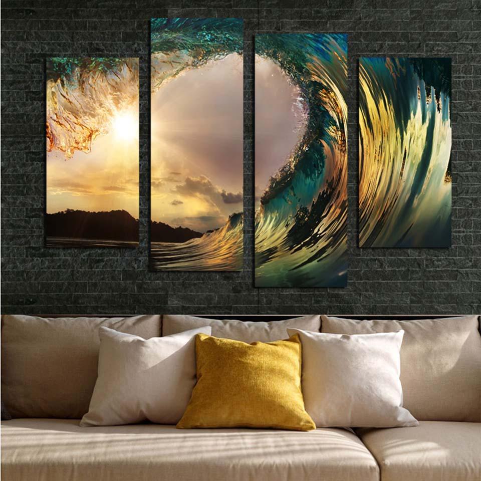 Sea Waves Sunset 4 Piece HD Multi Panel Canvas Wall Art Frame - Original Frame