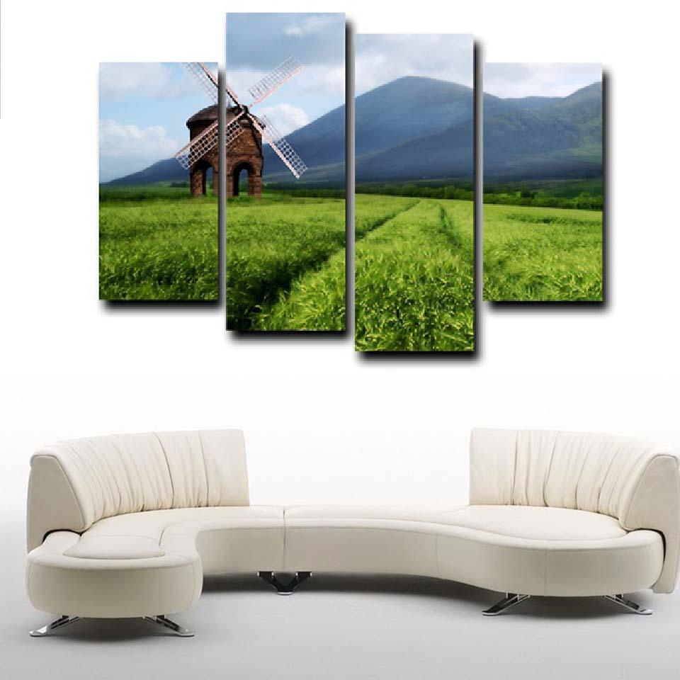 Green Field Windmill 4 Piece HD Multi Panel Canvas Wall Art Frame - Original Frame