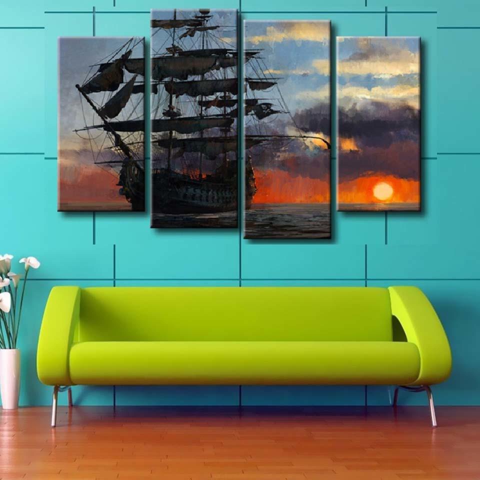 Sea view Sailboat 4 Piece HD Multi Panel Canvas Wall Art Frame - Original Frame