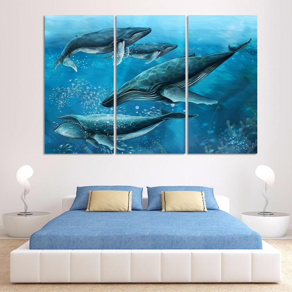 Blue Whales Seascape 3 Piece HD Multi Panel Canvas Wall Art Frame - Original Frame