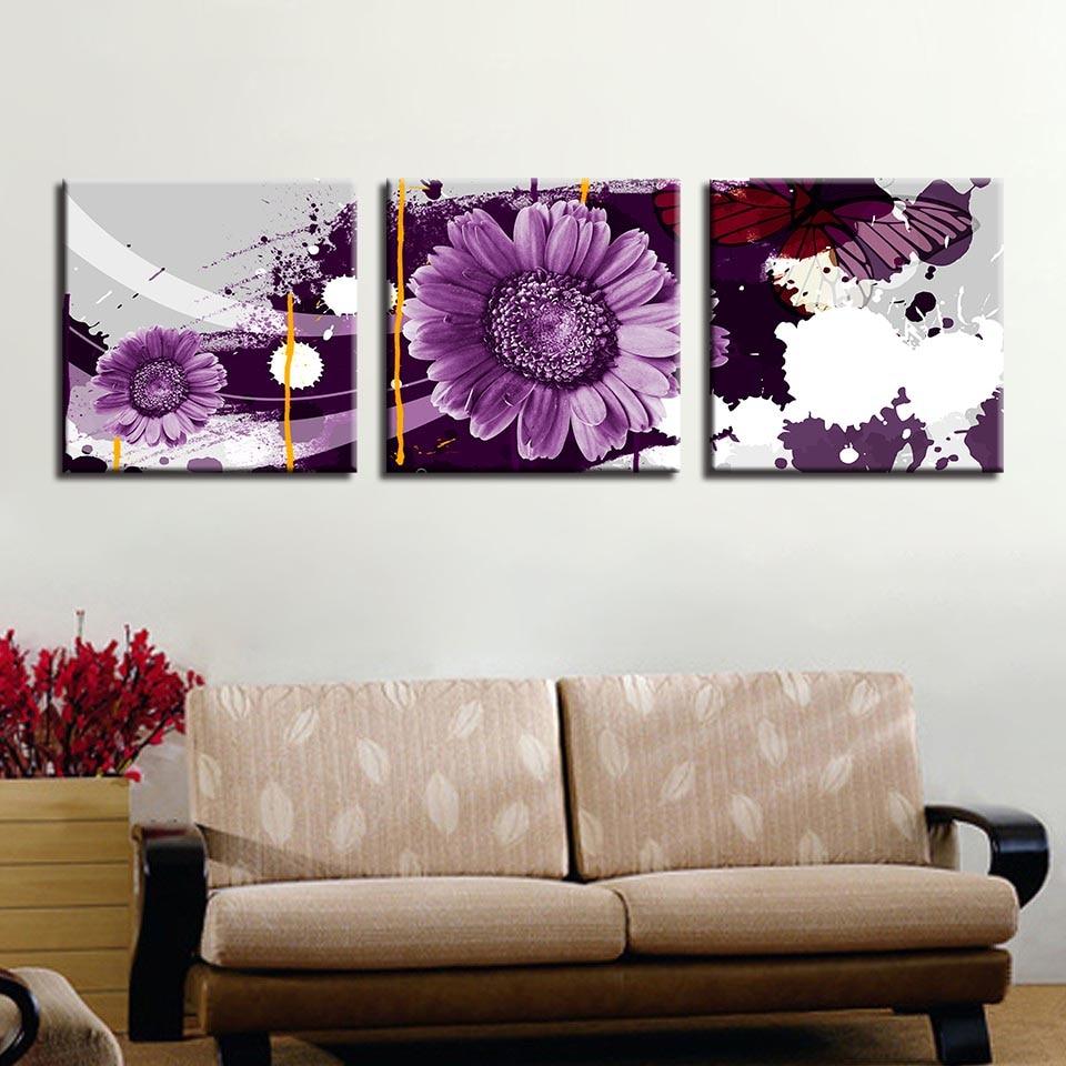 Purple Flower Art 3 Piece HD Multi Panel Canvas Wall Art - Original Frame