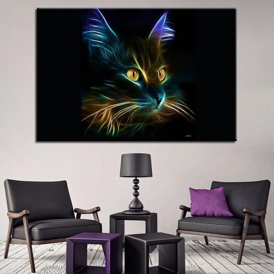 Neon Magic Cat 1 Piece HD Multi Panel Canvas Wall Art Frame - Original Frame