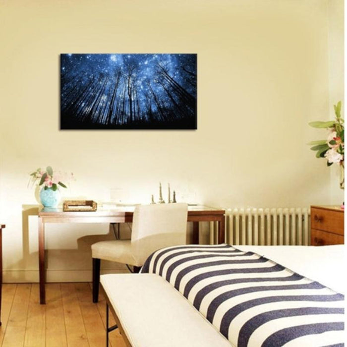 Visual Art Decor Blue Starry Night Forest Tree Canvas Wall Art