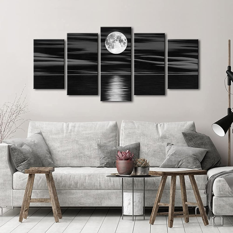 Sea White Full Moon Canvas Print Wall Art Set