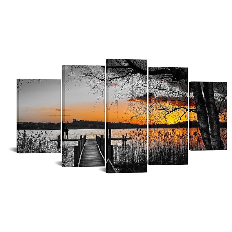 5 Piece Black And White Canvas Wall Art Golden Sunset Lake