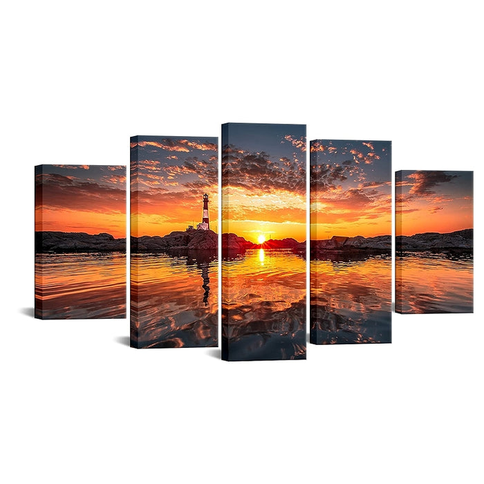 Large Canvas Wall Art Lighthouse At Sunset 5 Piece Set