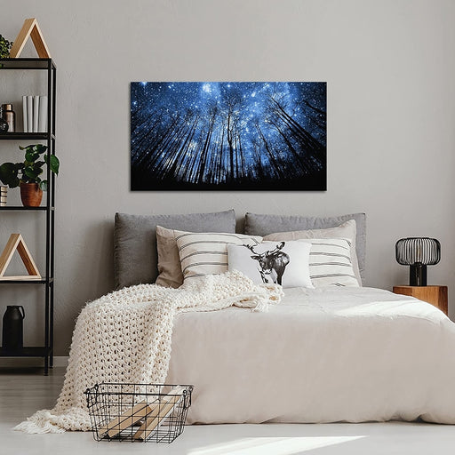 Visual Art Decor Blue Starry Night Forest Tree Canvas Wall Art