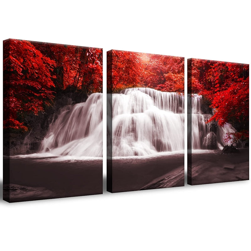 Waterfall Wall Art Painting Black White Red Landscape Canvas Set